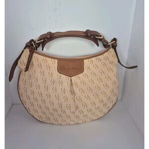 Dooney & Bourke DB Monogram Canvas Shoulder Bag Tan Leather Trim Hobo Purse